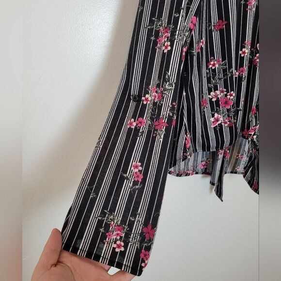 Floral Striped Blouse Tie Front Knotted Rose Boho Romantic Feminine Summer Large - Picture 8 of 9